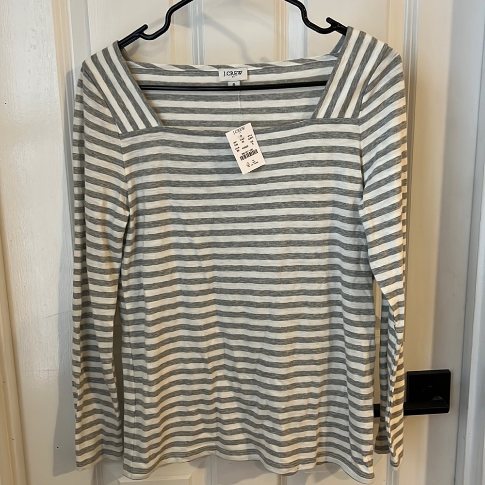 NWT J Crew Small long-sleeve square neck grey and white stripe shirt